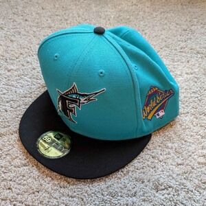 New Era Florida Marlins Hat Mens 7 3/4 Teal 1997 World Series 59FIFTY Fitted Cap